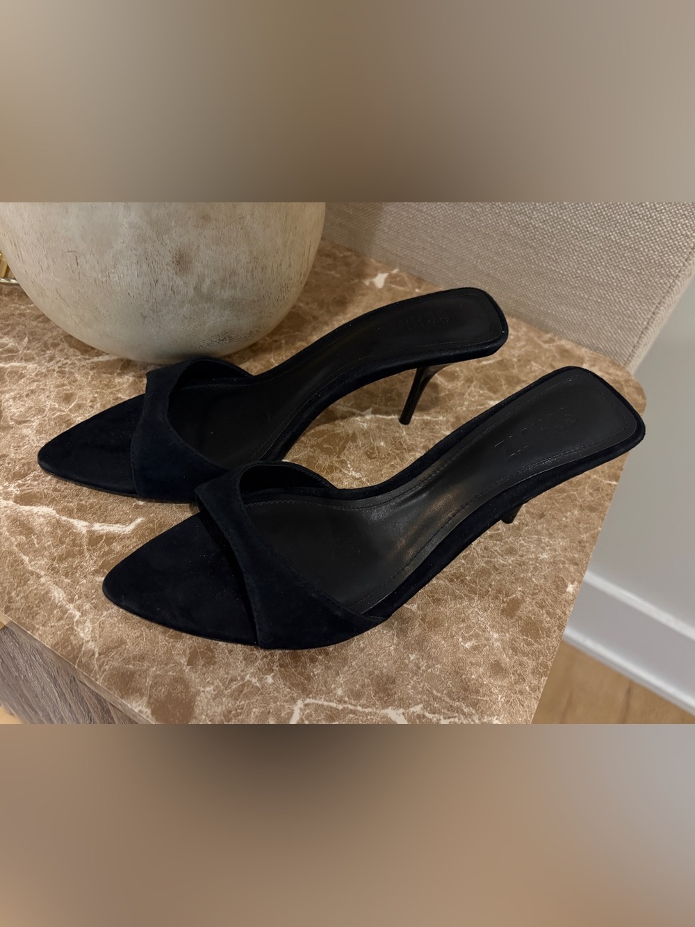 Women's Black Suede Pointed-Toe Slip-On Kitten Heel Mules
